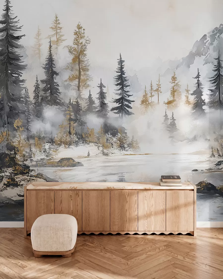 Fotobehang Winterlandschap met meer en bos, bergen, pastel stijl darwing w02741