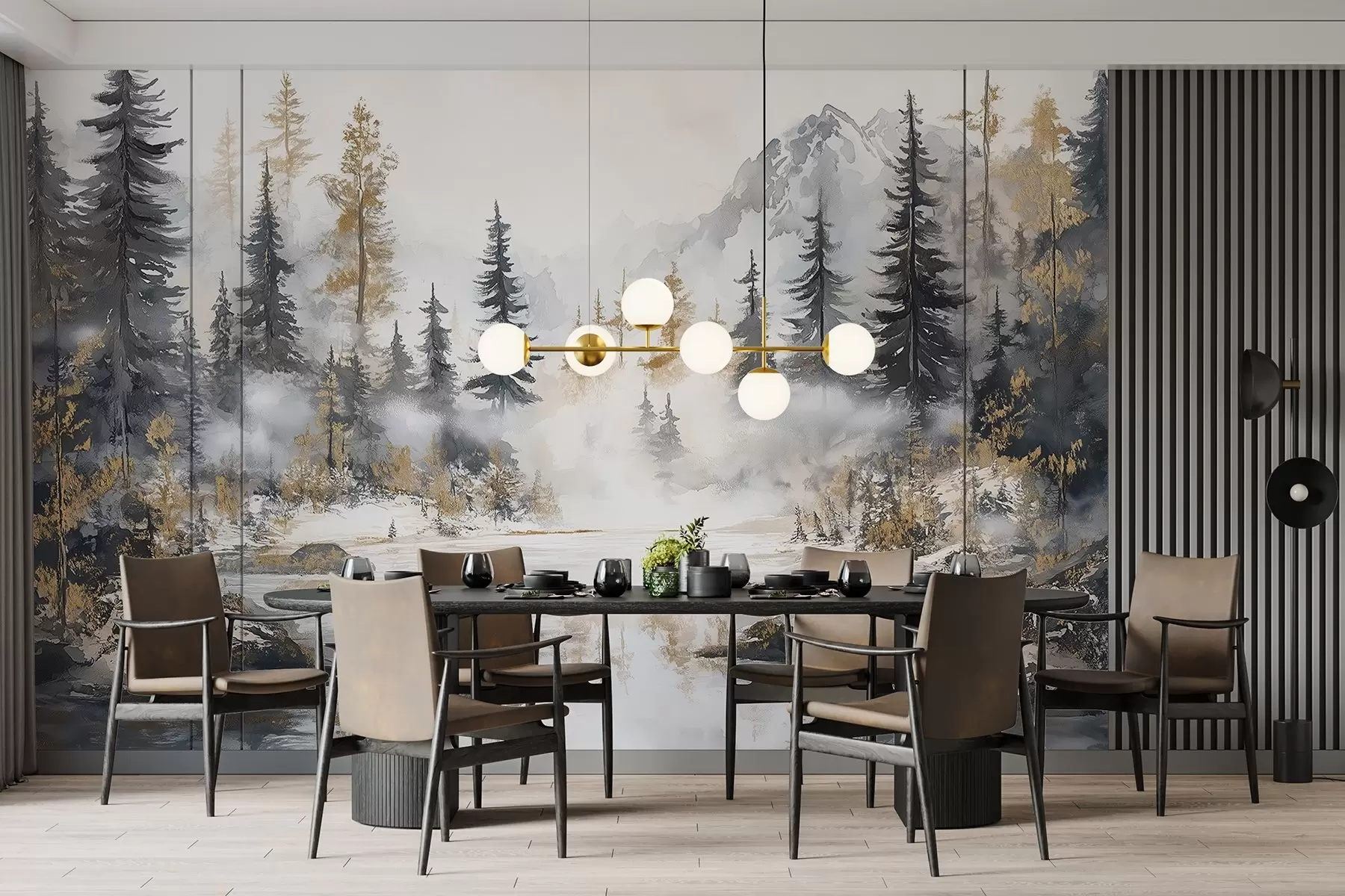 Fotobehang Winterlandschap met meer en bos, bergen, pastel stijl darwing w02741