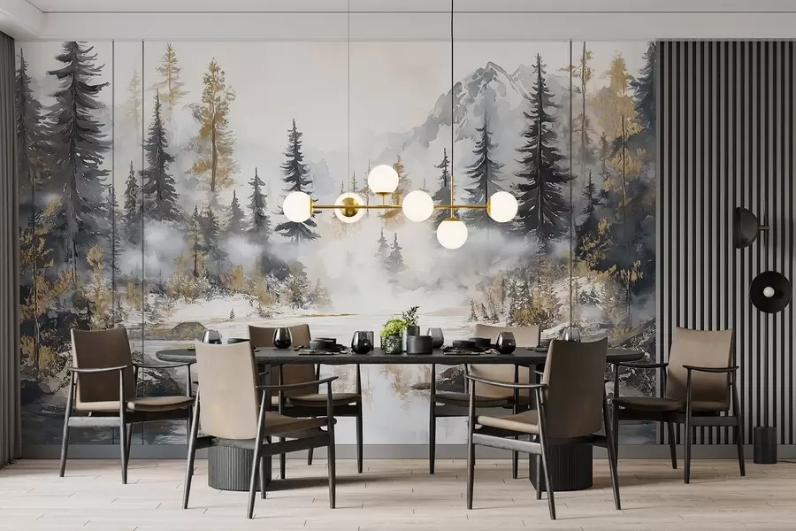 Fotobehang Winterlandschap met meer en bos, bergen, pastel stijl darwing w02741