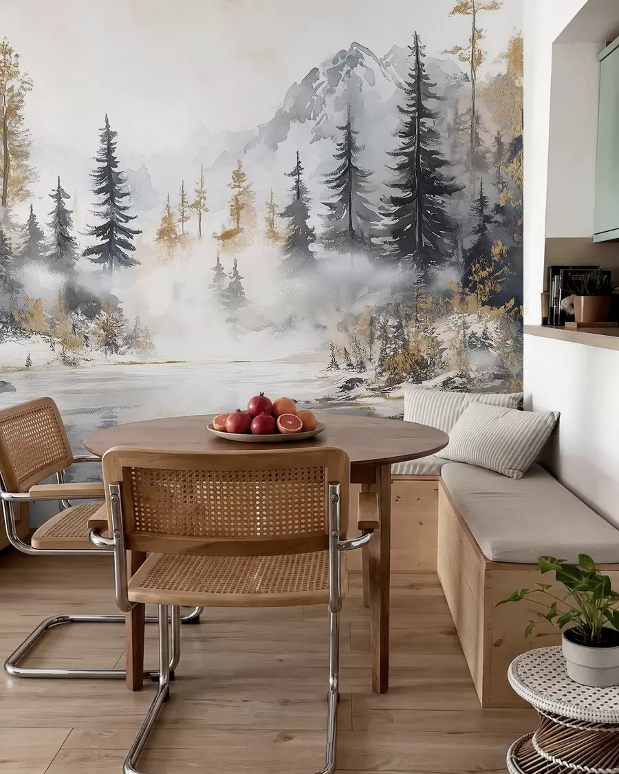 Fotobehang Winterlandschap met meer en bos, bergen, pastel stijl darwing w02741