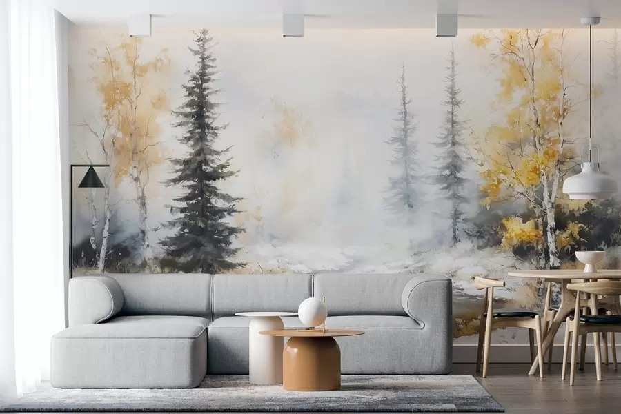 Fotobehang Winterbos, berken, pijnbomen, rivier, mist, pastelkleuren w02742