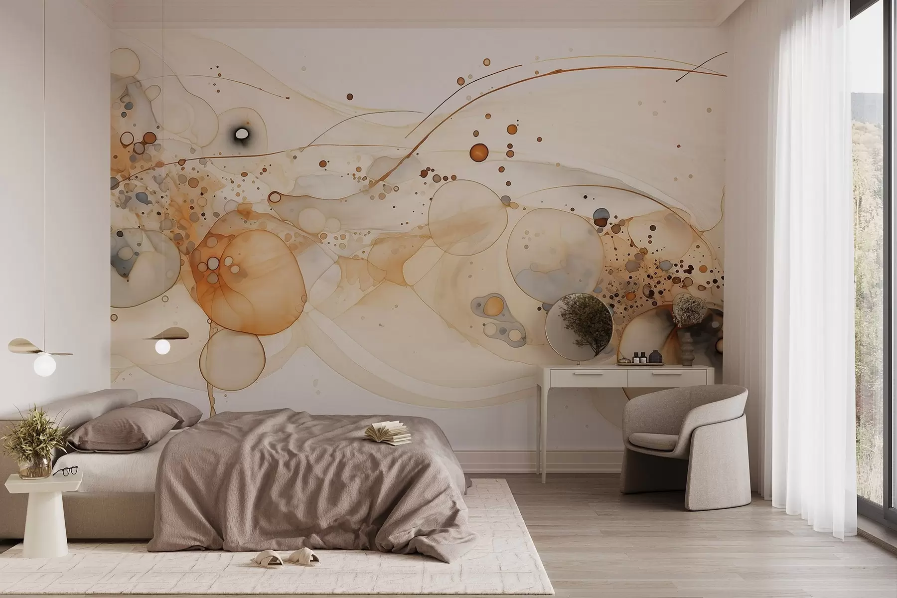 Fotobehang Abstracte inktkunst, vloeiende stijl, beige kleurenpalet  w02744