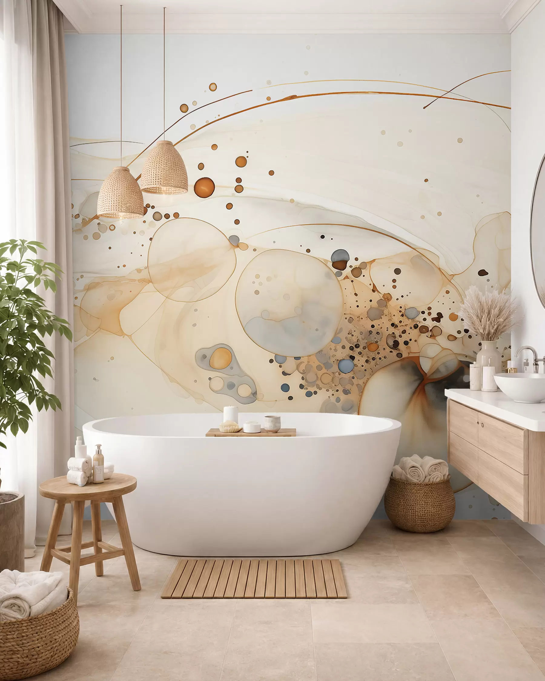 Fotobehang Abstracte inktkunst, vloeiende stijl, beige kleurenpalet  w02744