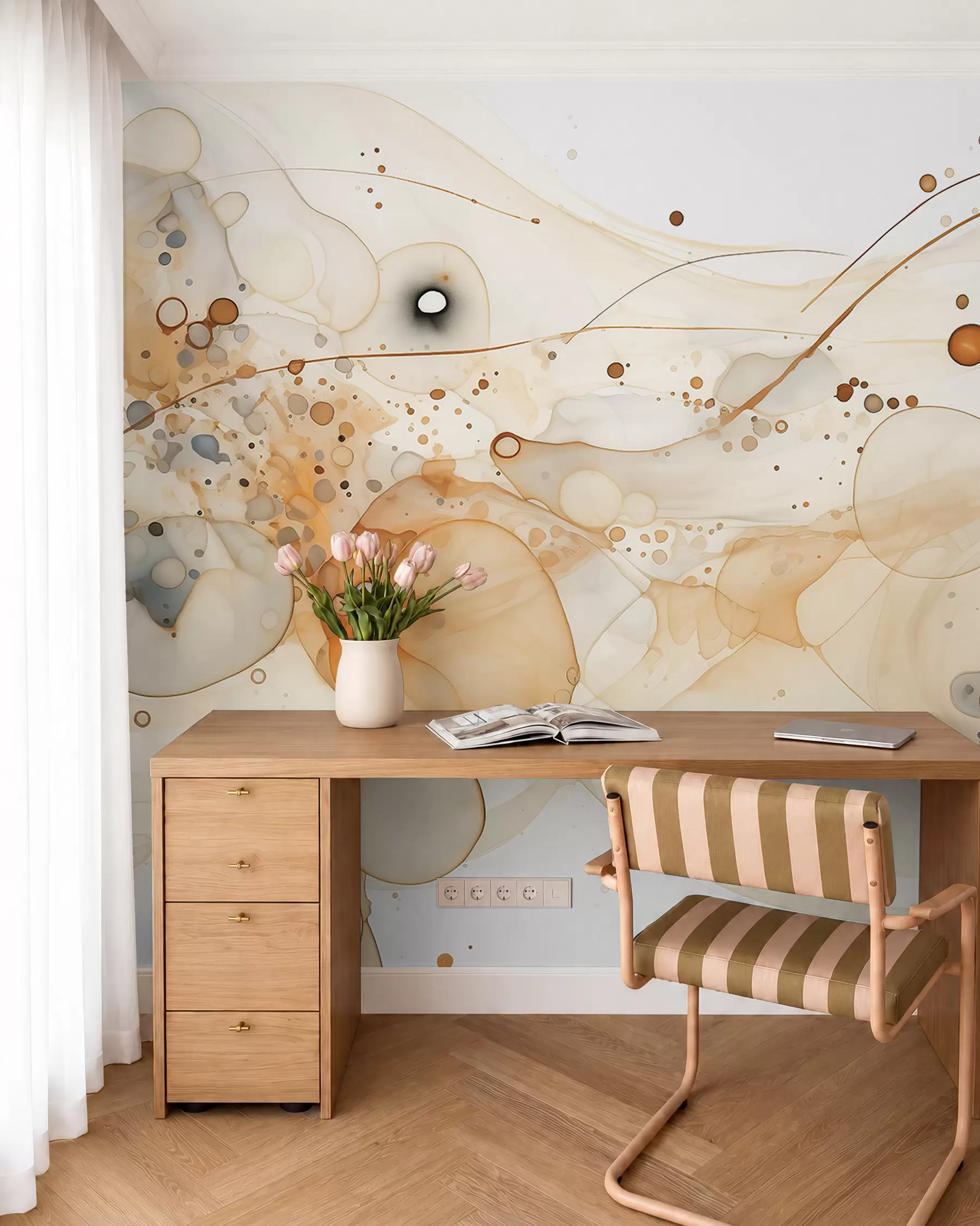 Fotobehang Abstracte inktkunst, vloeiende stijl, beige kleurenpalet  w02744