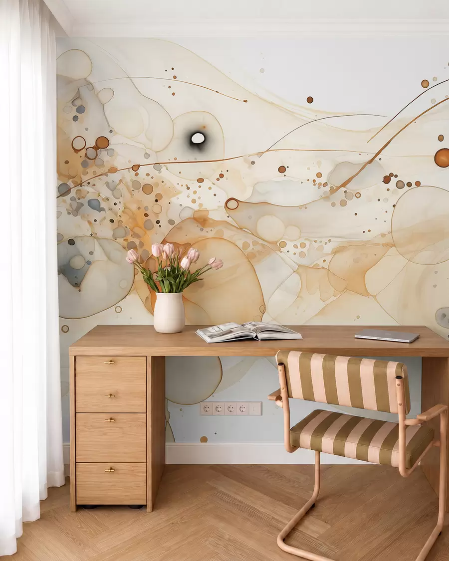 Fotobehang Abstracte inktkunst, vloeiende stijl, beige kleurenpalet  w02744