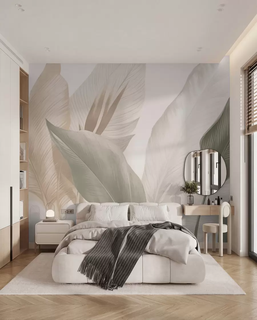 Fotobehang Tropische bladeren in zachte beige en groene tinten, met een aquareleffect en zachte kleurovergangen w02854