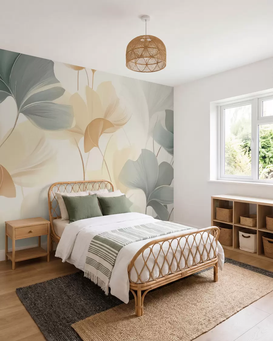 Fotobehang Patroon van ginkgobladeren in zachte pasteltinten, een mix van groene, gele en crèmetinten voor een licht en luchtig gevoel w02855