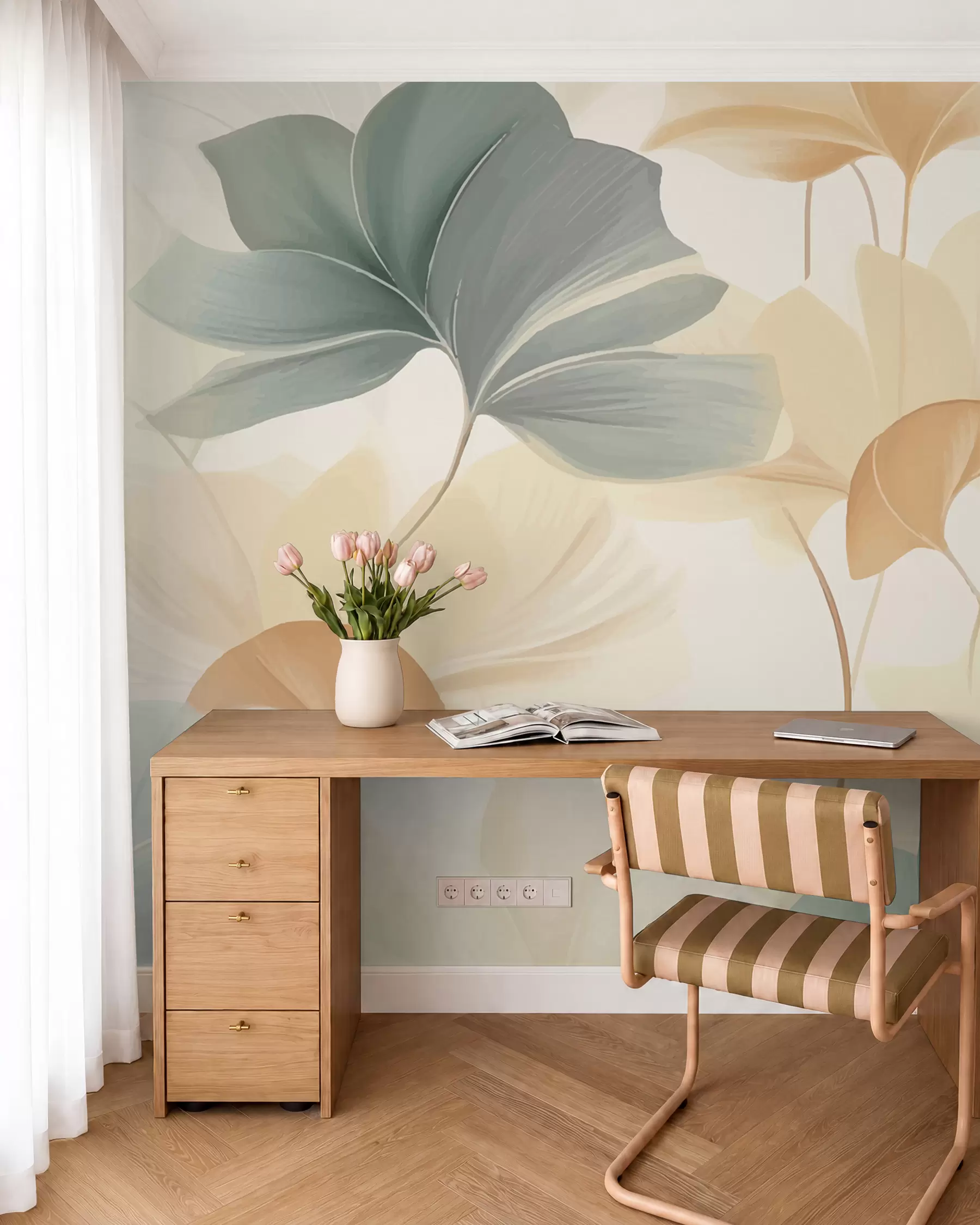 Fotobehang Patroon van ginkgobladeren in zachte pasteltinten, een mix van groene, gele en crèmetinten voor een licht en luchtig gevoel w02855