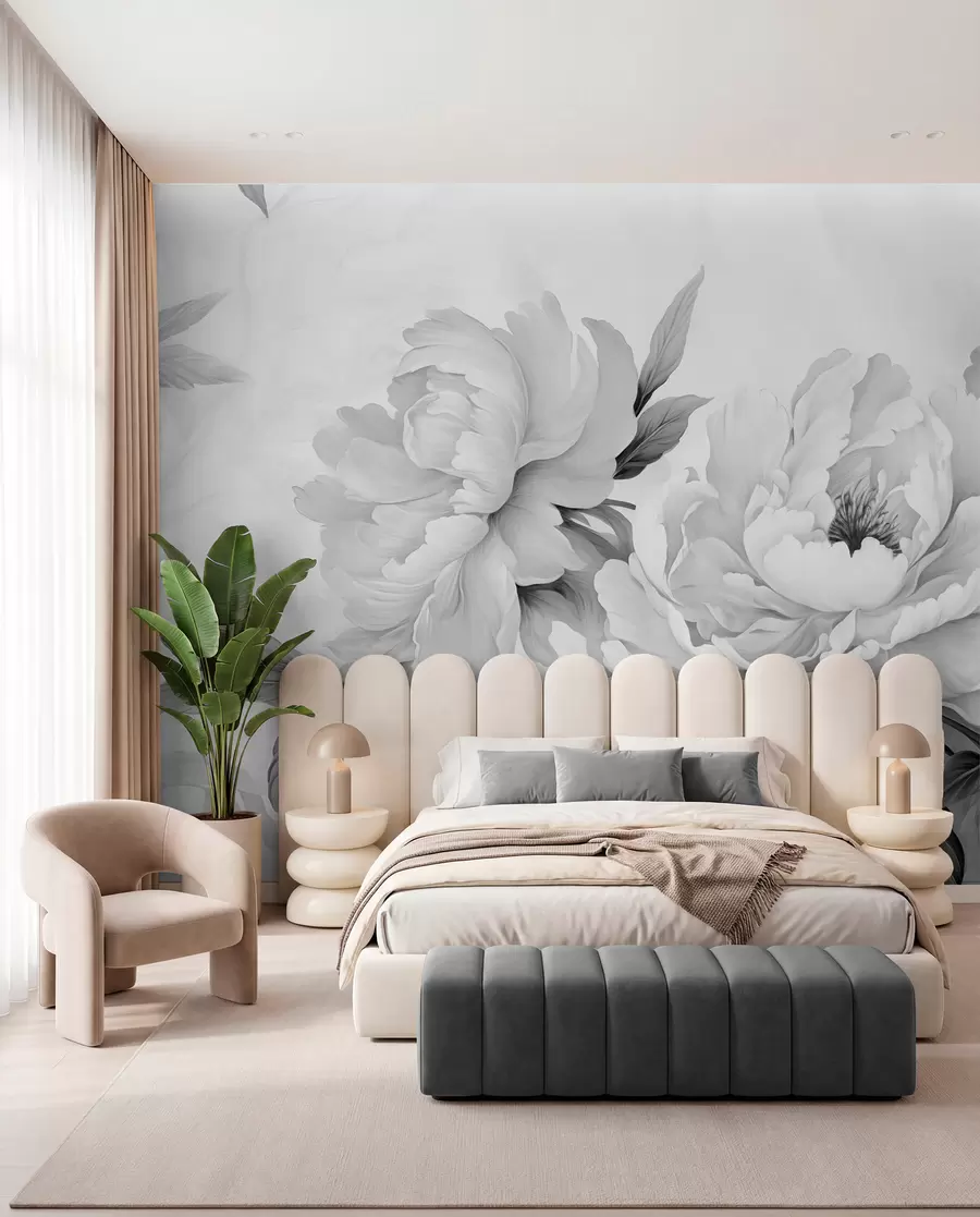 Fotobehang Luxe pioenrozen in grijstinten, met delicate details van bloemblaadjes en bladeren, die een elegante en serene sfeer creëren w02856