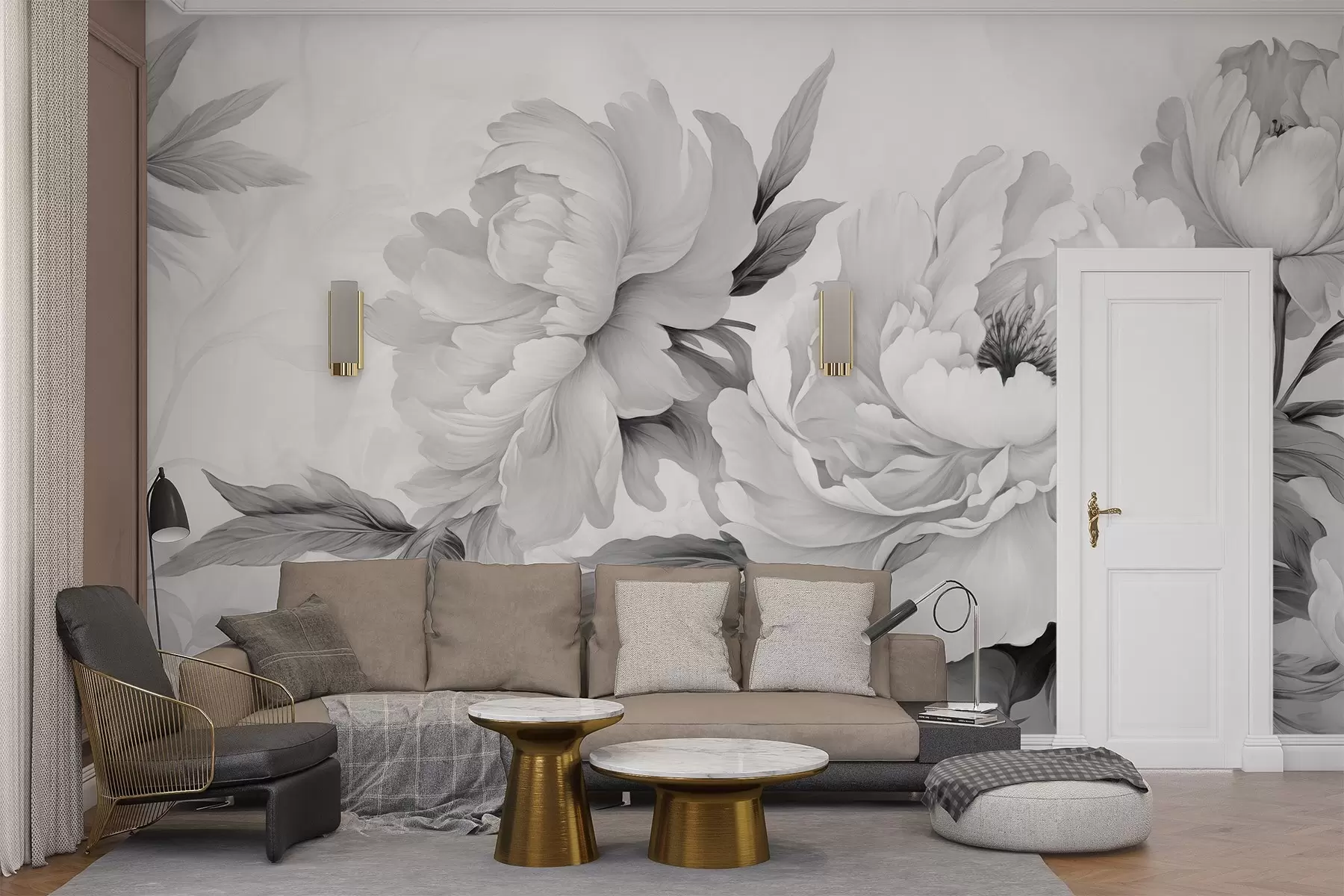 Fotobehang Luxe pioenrozen in grijstinten, met delicate details van bloemblaadjes en bladeren, die een elegante en serene sfeer creëren w02856