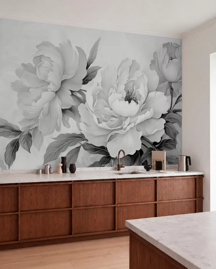 Fotobehang Luxe pioenrozen in grijstinten, met delicate details van bloemblaadjes en bladeren, die een elegante en serene sfeer creëren w02856
