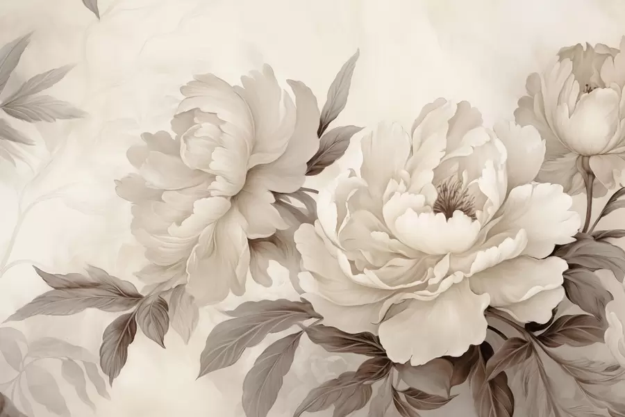 Fotobehang Delicate pioenrozen in crèmekleurige beige tinten, met verfijnde details van bloemblaadjes en bladeren, die een warme en verfijnde sfeer creëren w02856v1