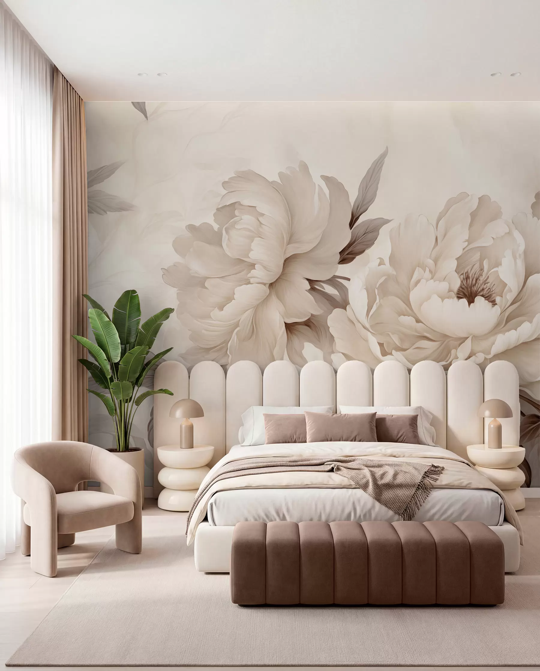 Fotobehang Delicate pioenrozen in crèmekleurige beige tinten, met verfijnde details van bloemblaadjes en bladeren, die een warme en verfijnde sfeer creëren w02856v1