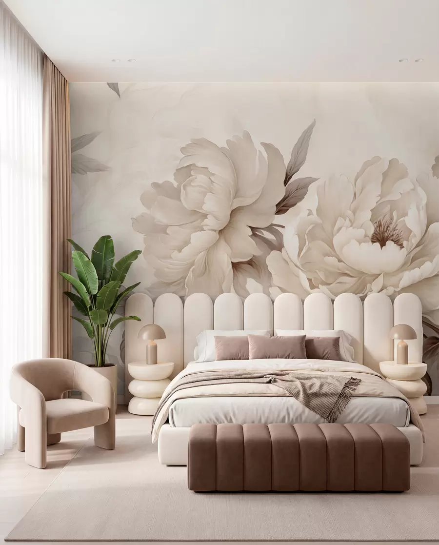 Fotobehang Delicate pioenrozen in crèmekleurige beige tinten, met verfijnde details van bloemblaadjes en bladeren, die een warme en verfijnde sfeer creëren w02856v1