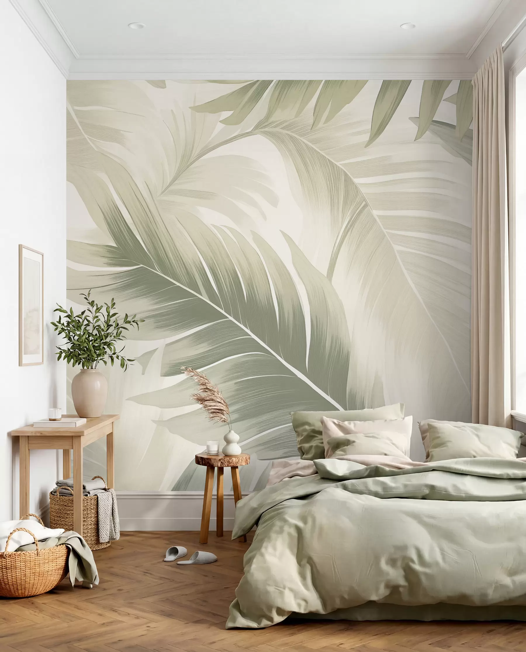 Fotobehang Patroon van grote tropische bladeren in zachtgroene en beige tinten, met vloeiende verlopen en fijne textuurdetails w02858