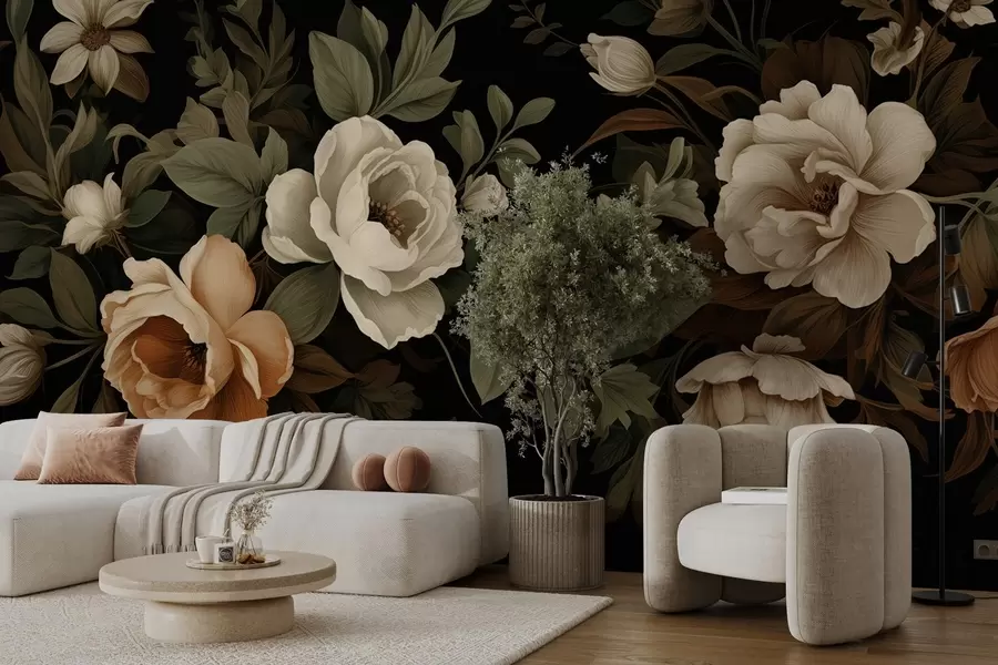 Fotobehang Assortiment bloemen op donkere achtergrond w02838