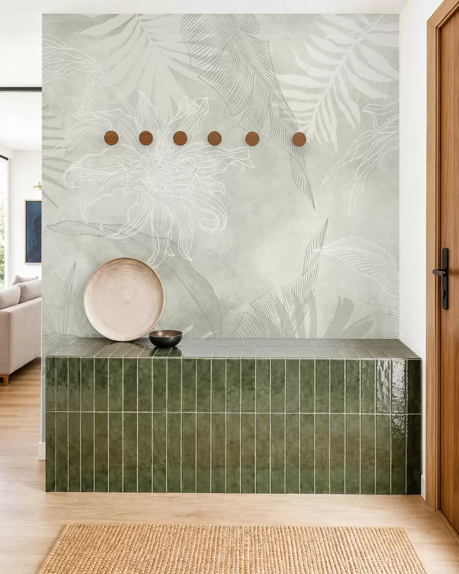 Fotobehang Tropisch gebladerte met grunge-effect en groene tint w02737v2