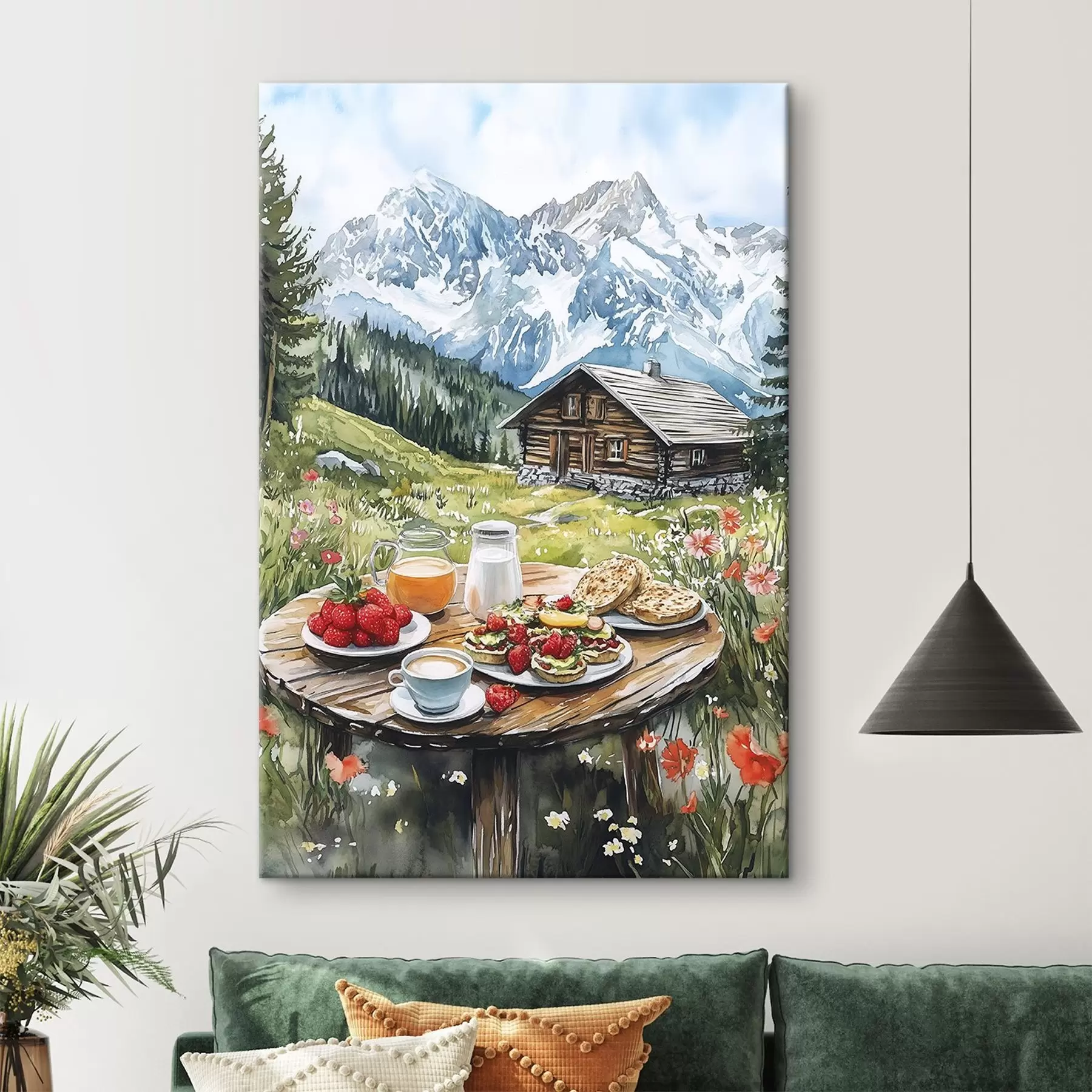  Schilderijen Mooie zomerlandschappen met bergen, bos en bloemen, ontbijt, aquarel stijl s42427