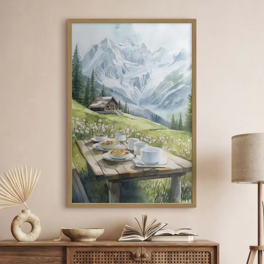 Fotobehang Ontbijt in de Alpen, bergen, bos, natuur, zomer, aquarel stijl f42426