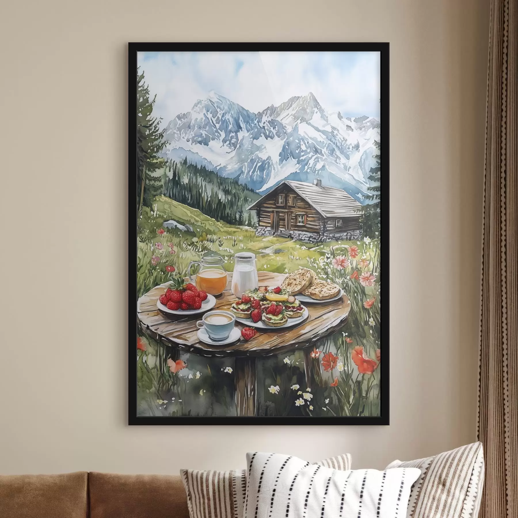 Fotobehang Mooie zomerlandschappen met bergen, bos en bloemen, ontbijt, aquarel stijl f42427