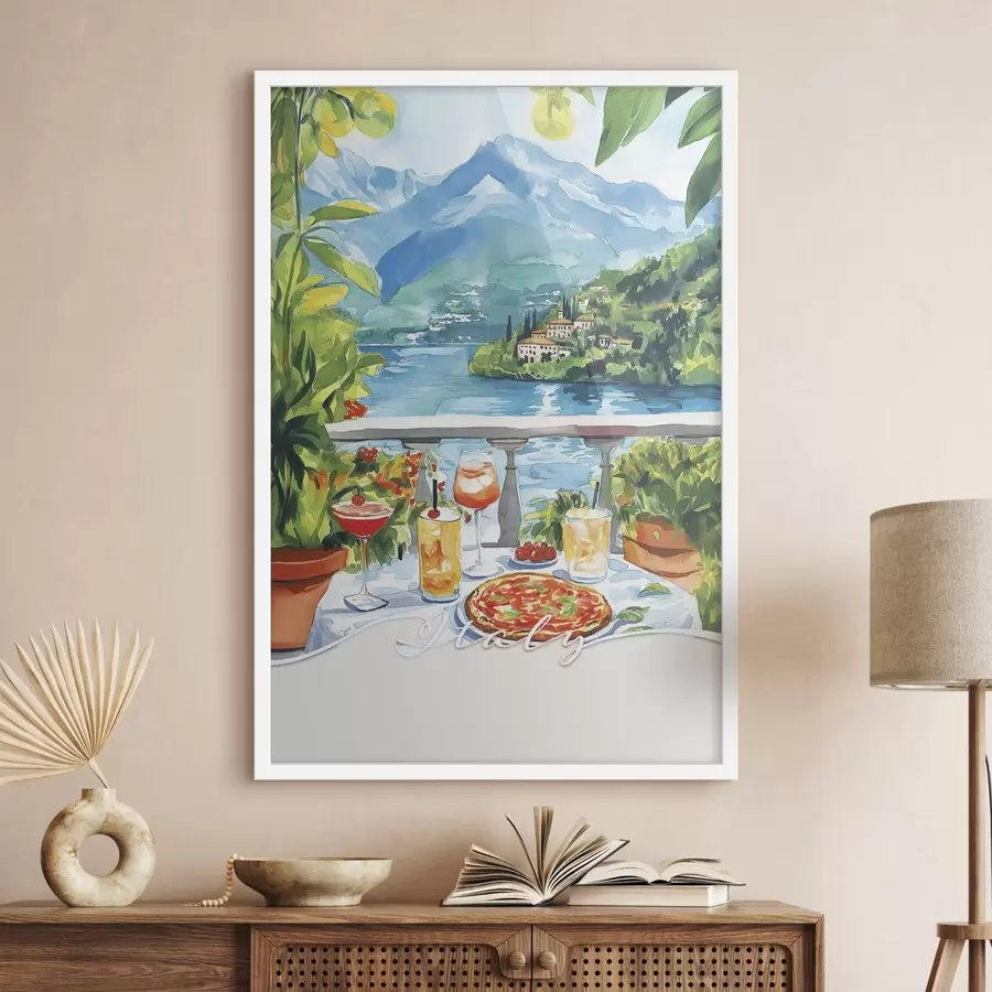Fotobehang Italië esthetiek, aquarel stijl, pizza en cocktails, bergen f42434