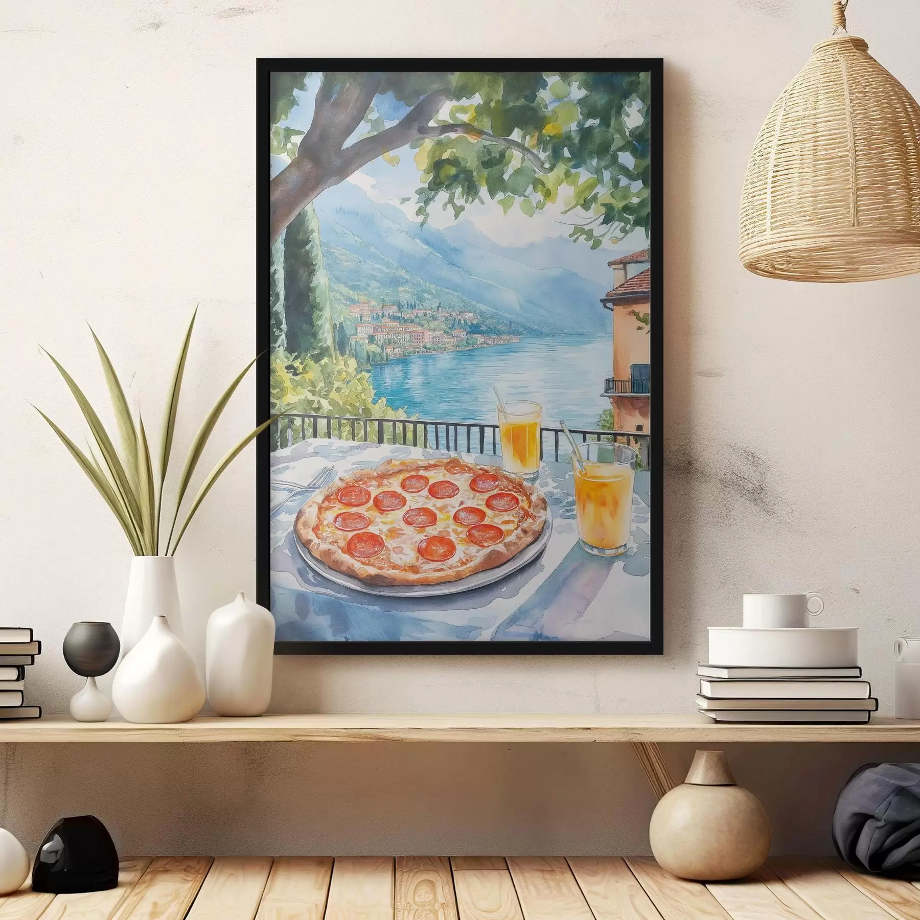  Schilderijen Brunch in Italië, aquarelstijl, pizza margarita, meer, zomernatuur f42436