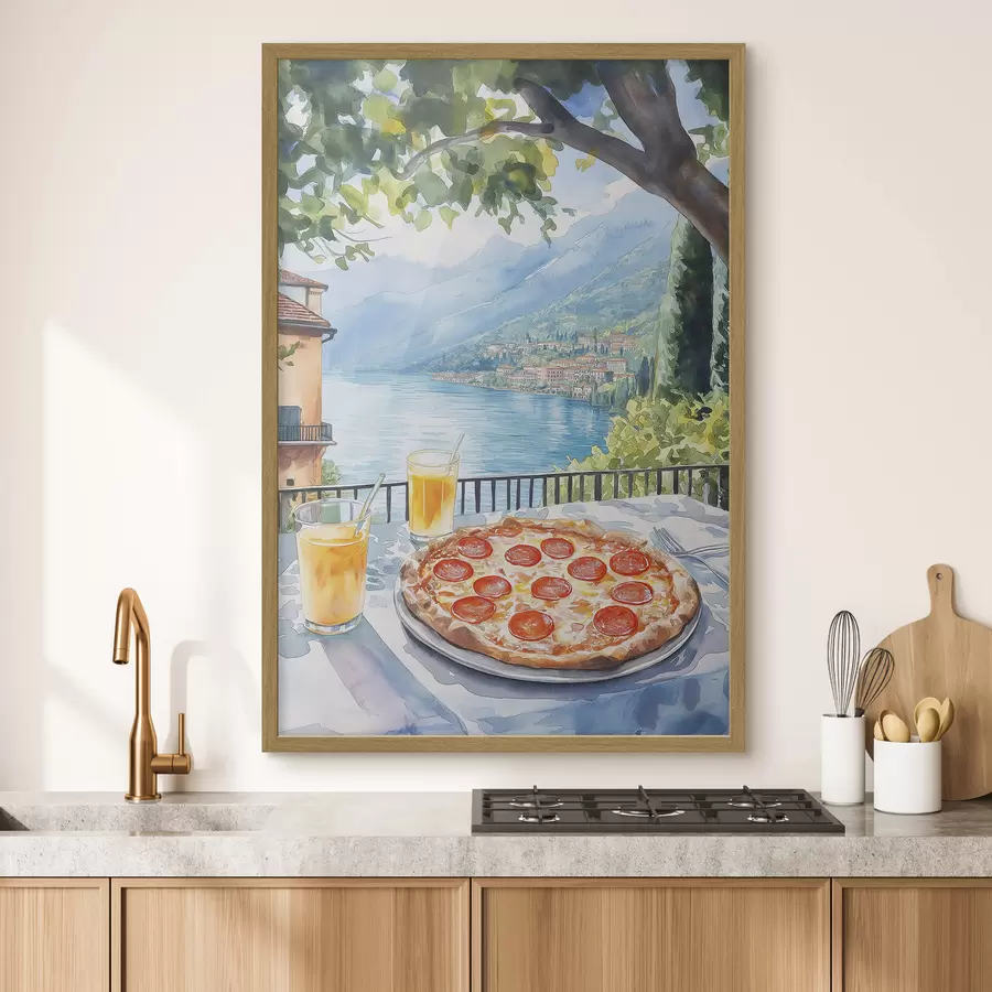 Fotobehang Brunch in Italië, aquarelstijl, pizza margarita, meer, zomernatuur f42436