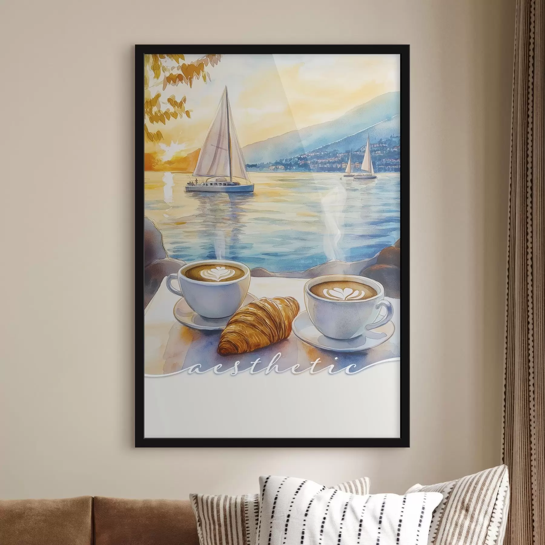 Fotobehang Twee kopjes cappuccino, aquarel stijl, zee zonsondergang, zeilboten, roeping f42438