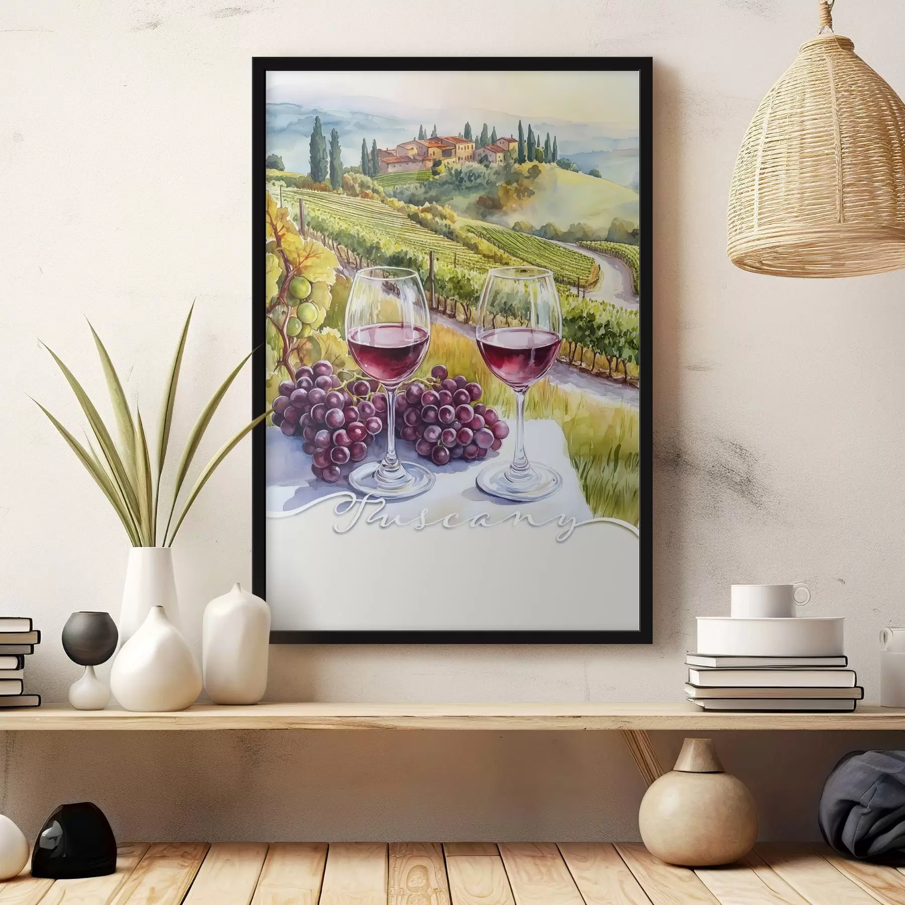 Fotobehang Tuscany landschappen, aquarel stijl, wijnglazen, druiven, zonsondergang f42439