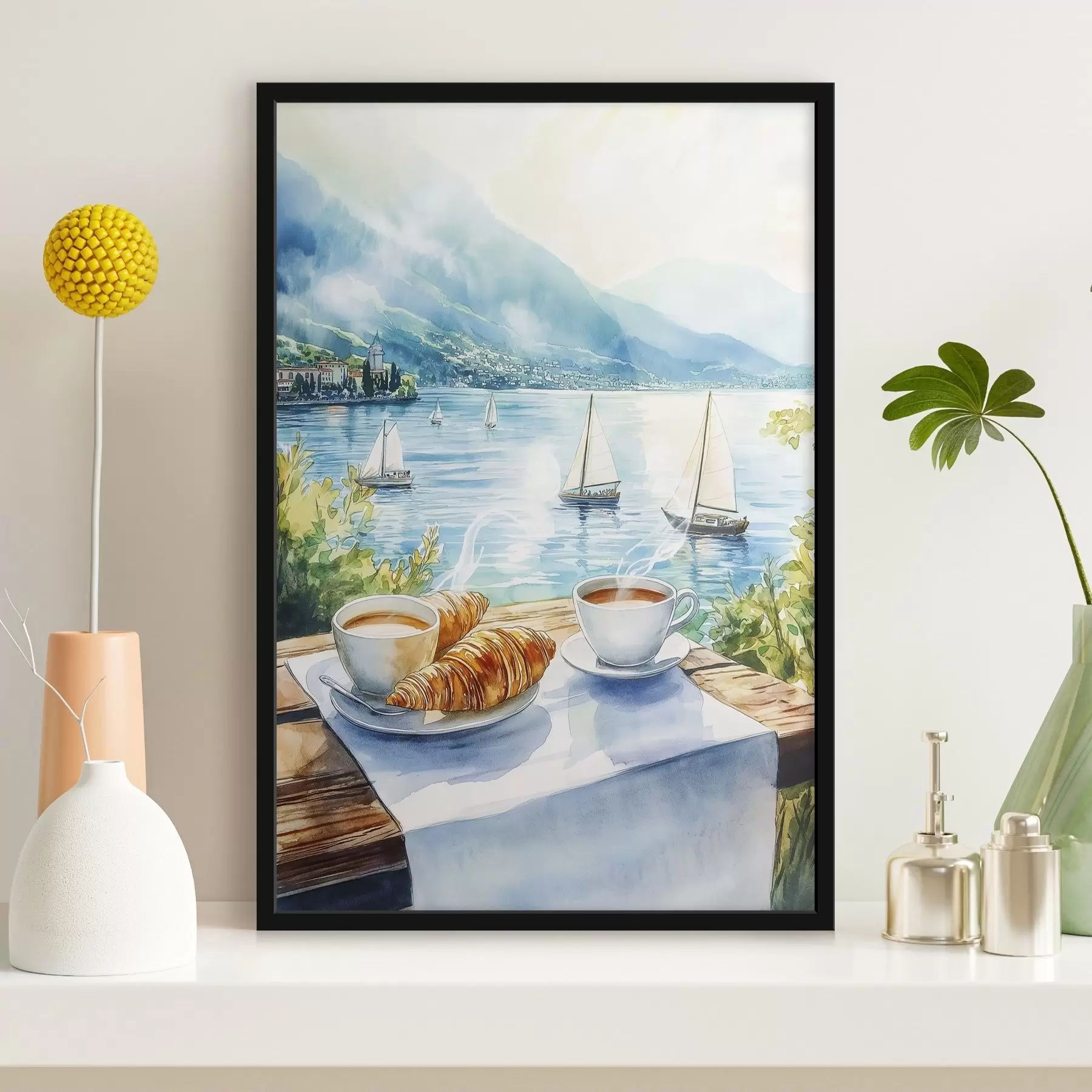 Fotobehang Zomers meer met zeilboten, kopjes koffie, croissants, aquarelstijl f42441