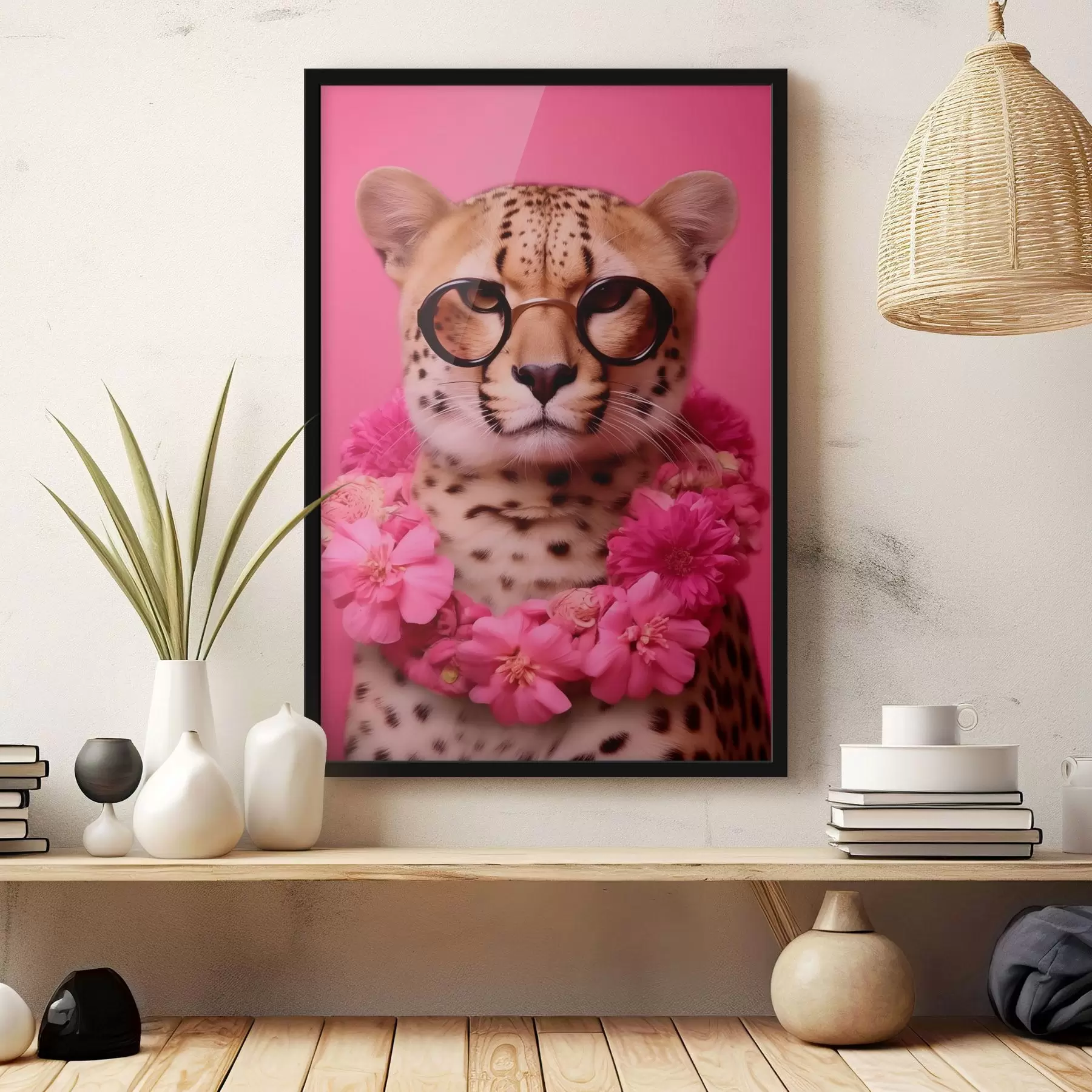 Fotobehang Cheetah in bril met bloemenslinger f42477
