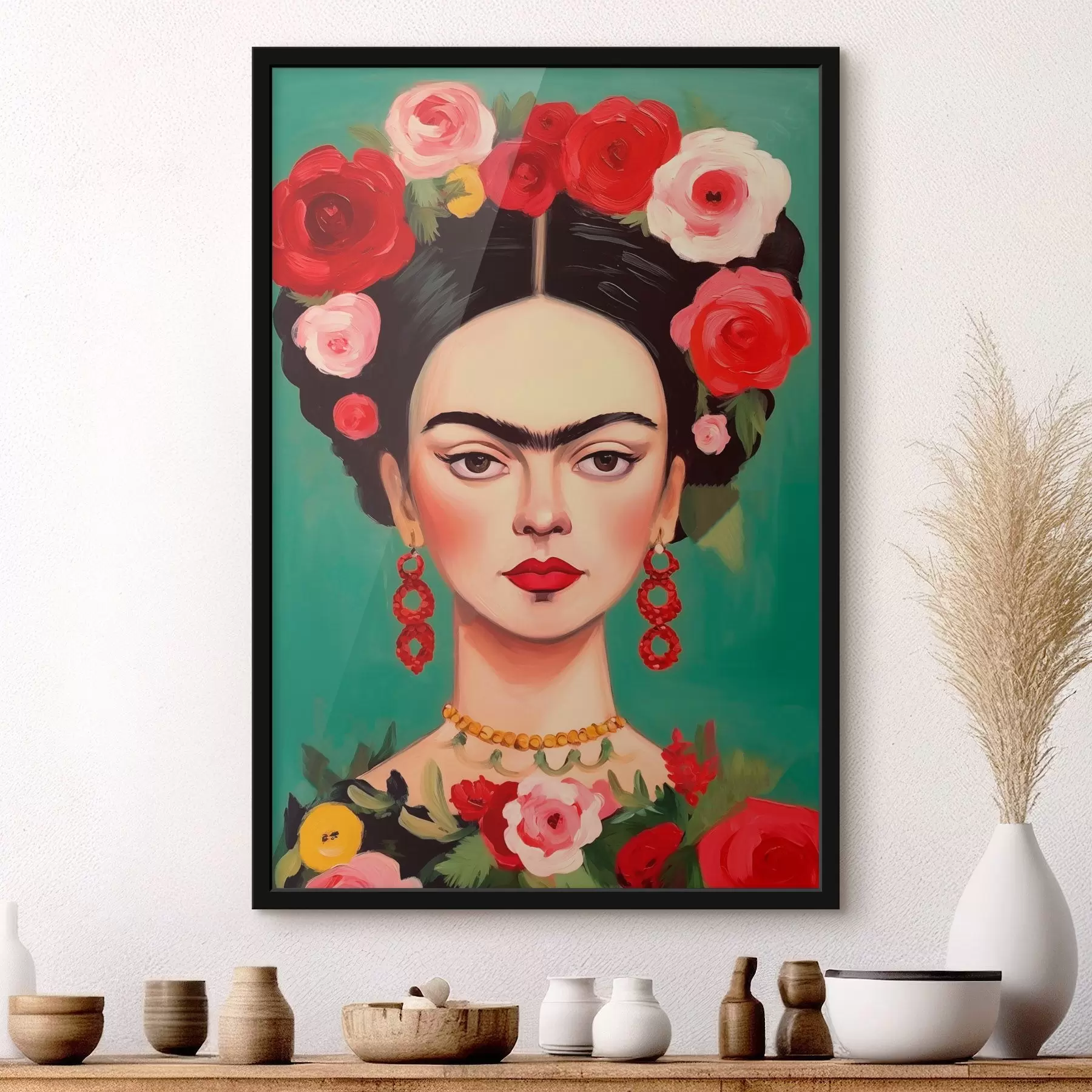 Fotobehang Portret van Frida met een bloemenkrans op een groene achtergrond f42485