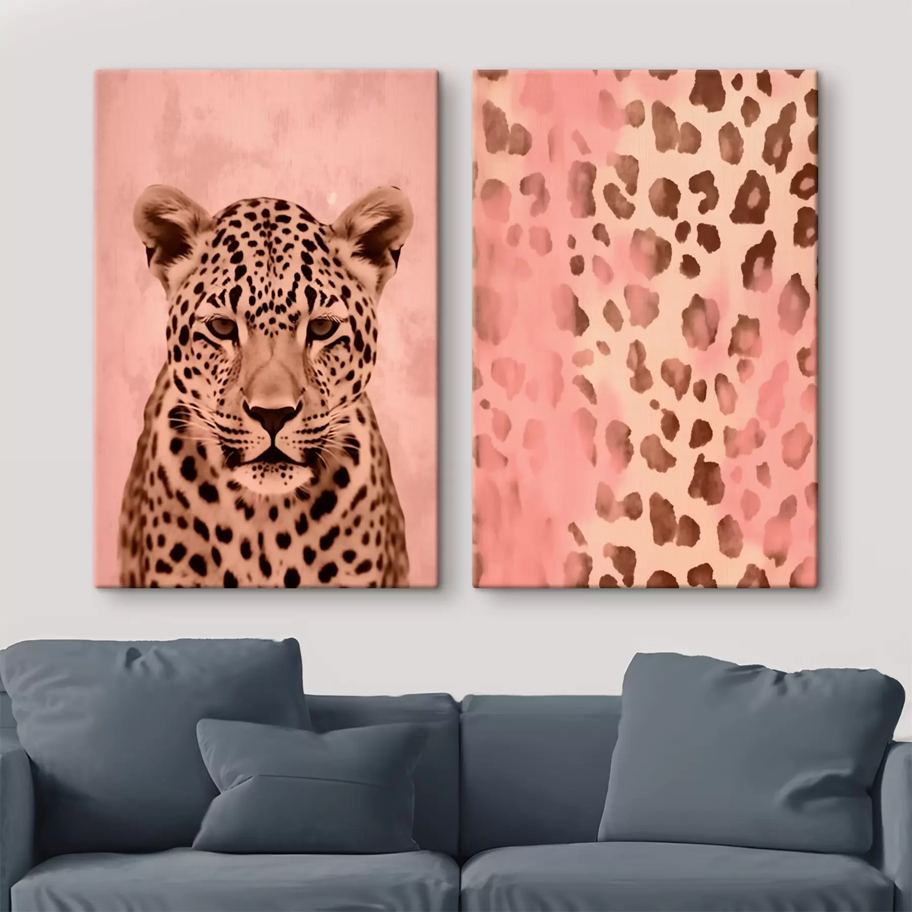  Schilderijen Portret van een jachtluipaard, Abstract patroon met luipaardprint op een roze achtergrond m00402