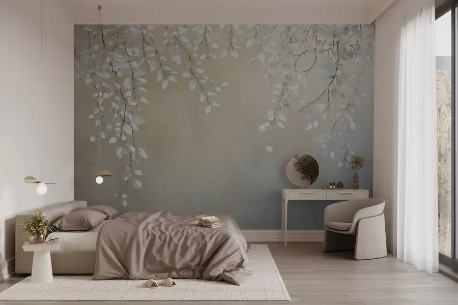 Fotobehang Delicate takken met witte bladeren die naar beneden hangen w02868