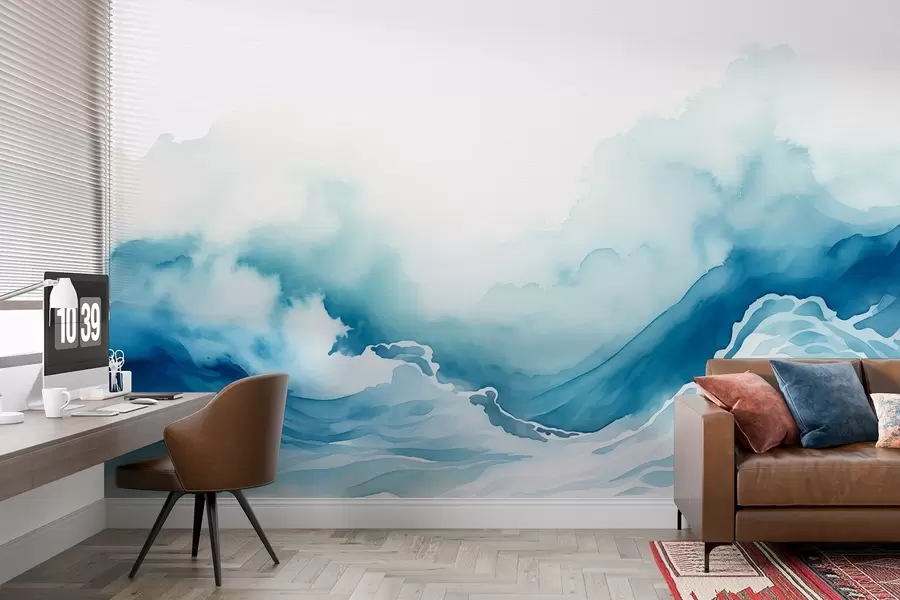 Fotobehang Oceaangolven in aquarelstijl in blauwe tinten w08655