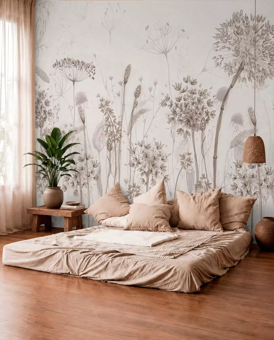 Fotobehang Luchtige paardenbloemen en wilde bloemen in aquarelstijl w08637