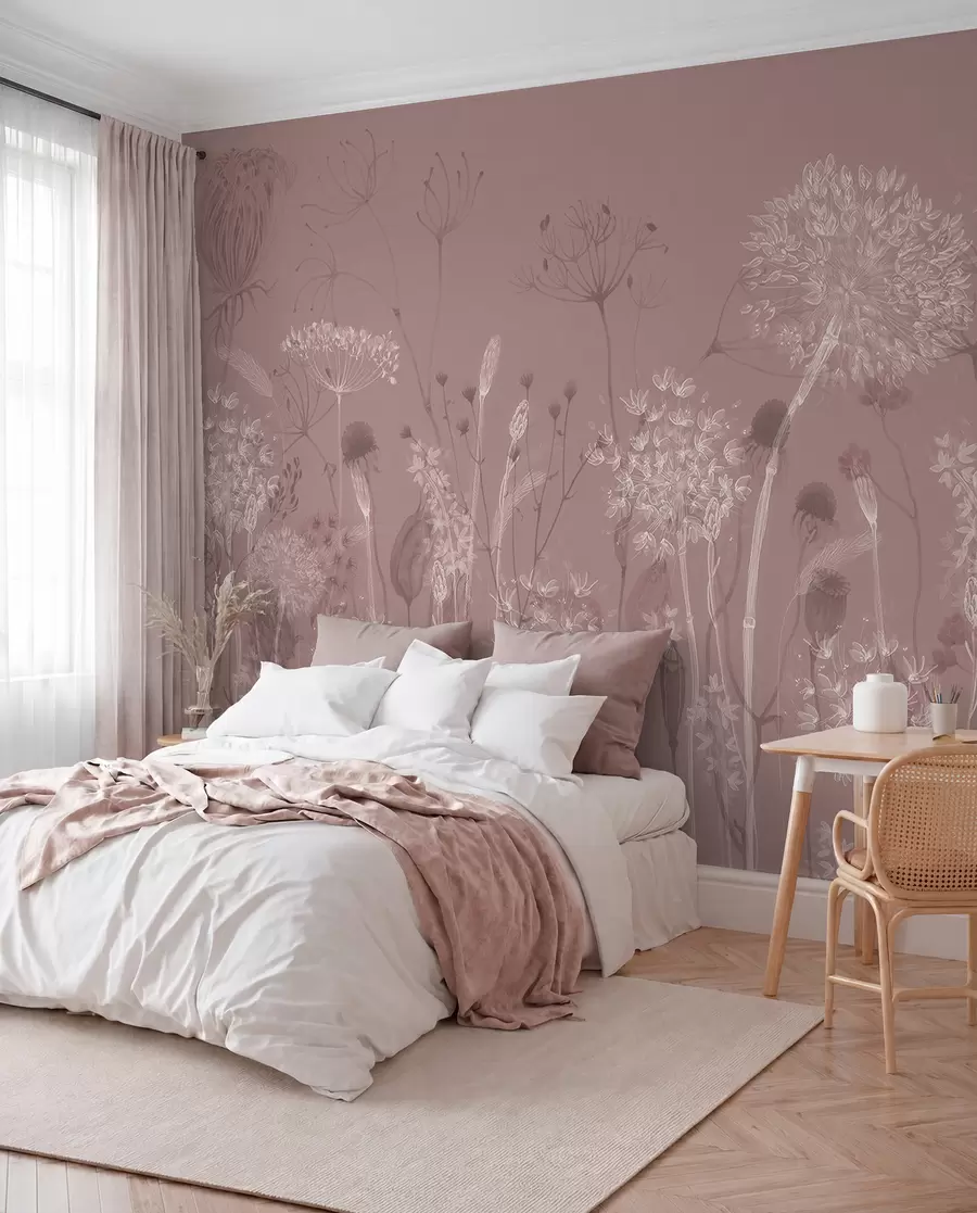 Fotobehang Luchtige paardenbloemen en wilde bloemen in aquarelstijl in roze tinten w08637v1