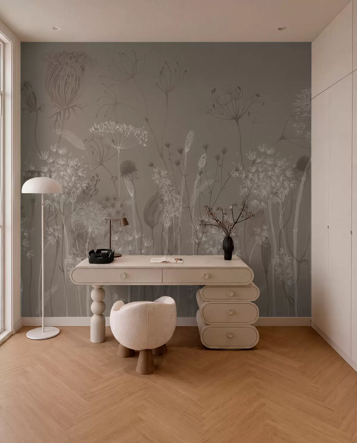 Fotobehang Weideschets op taupe w08637v2