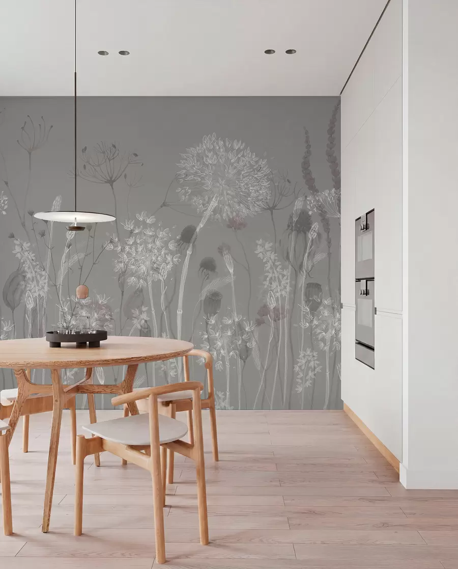 Fotobehang Luchtige paardenbloemen en wilde bloemen in aquarelstijl in blauwgrijze tinten w08637v3