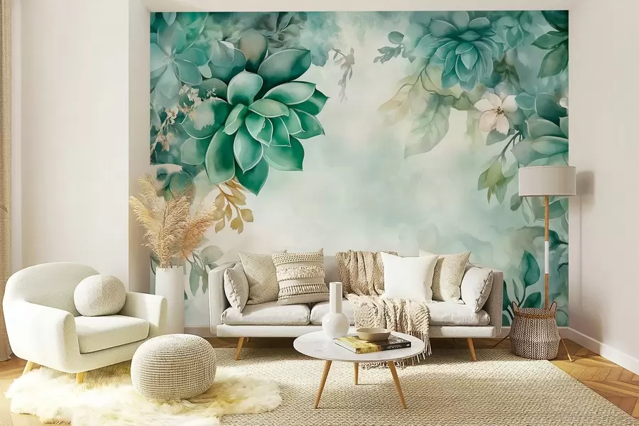 Fotobehang Delicate weelderige vetplanten en bloemenelementen in aquarelstijl in groene tinten w02874