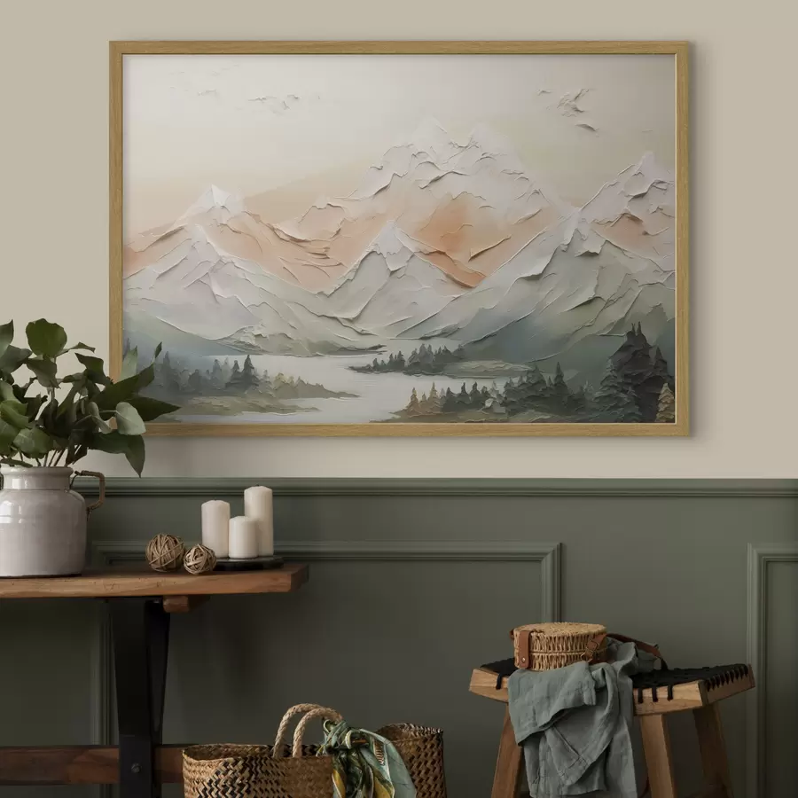 Fotobehang Bergen bij de rivier imitatie van penseelstreken f42589