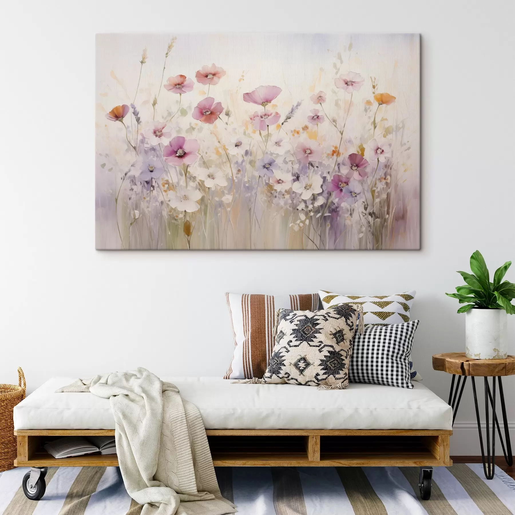  Schilderijen Een weide met aquarelbloemen in delicate roze, paarse en witte tinten, die een sfeer van lichtheid en harmonie creëren. s42557