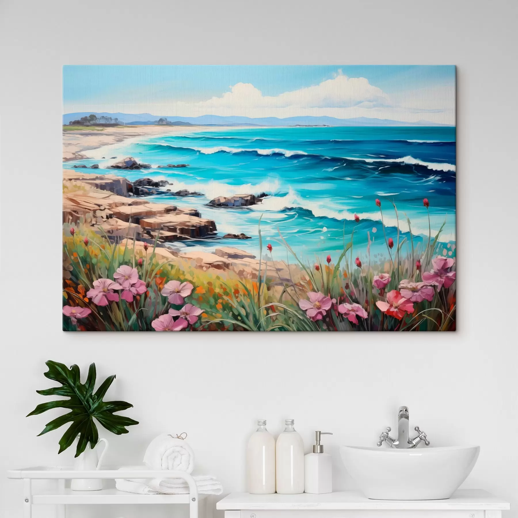 Fotobehang Een zeegezicht met turquoise golven, een rotsachtige kust en heldere bloemen op de voorgrond onder een helderblauwe hemel. s42568