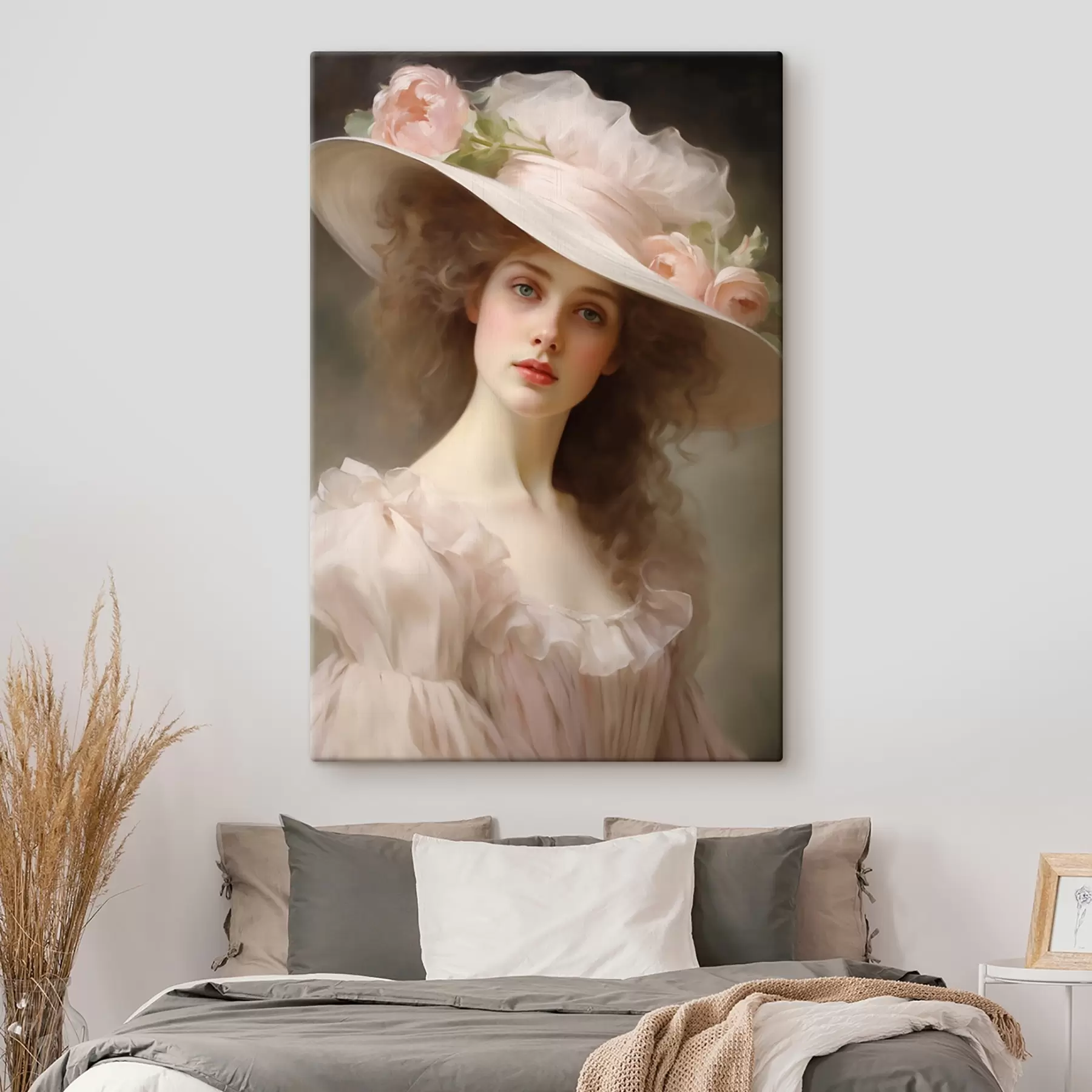  Schilderijen Een portret van een jonge vrouw in een delicate roze jurk en hoed versierd met bloemen, met een romantische en verfijnde uitdrukking. s42581