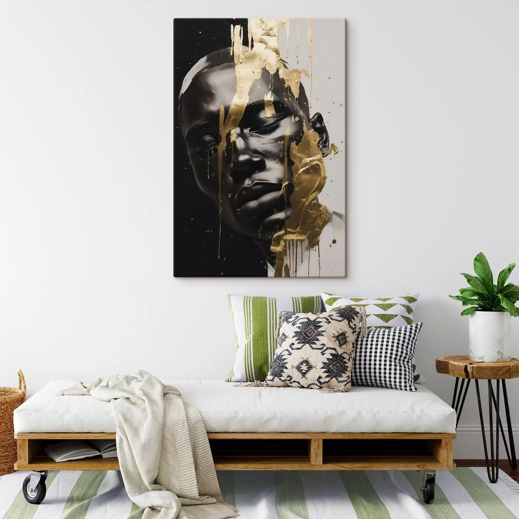  Schilderijen Een abstract portret van een man in zachte zwart-wit tinten, benadrukt door heldere warmgekleurde penseelstreken die een dynamisch effect creëren. s42623