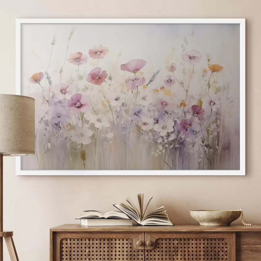 Fotobehang Een weide met aquarelbloemen in delicate roze, paarse en witte tinten, die een sfeer van lichtheid en harmonie creëren f42557