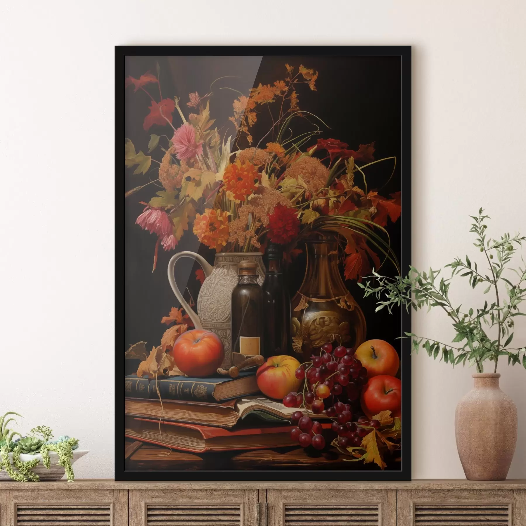 Fotobehang Een herfststilleven met een boeket in warme oranje en rode tinten, appels, druiven, boeken en keramisch servies op een donkere achtergrond f42561