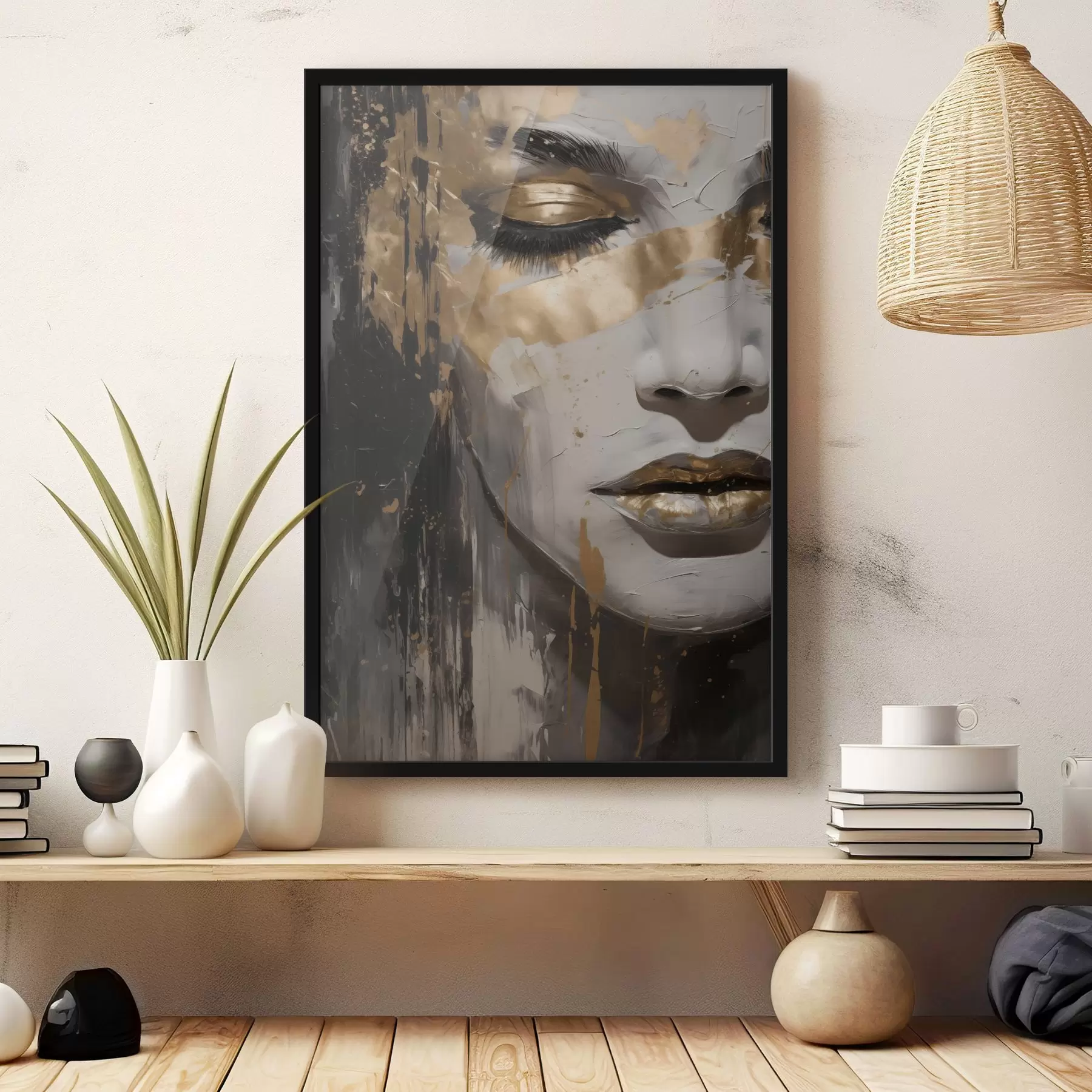 Fotobehang Een abstract portret van een vrouw met de nadruk op gesloten ogen en lippen, uitgevoerd in zwart-wit tinten met dynamische warme penseelstreken. f42626