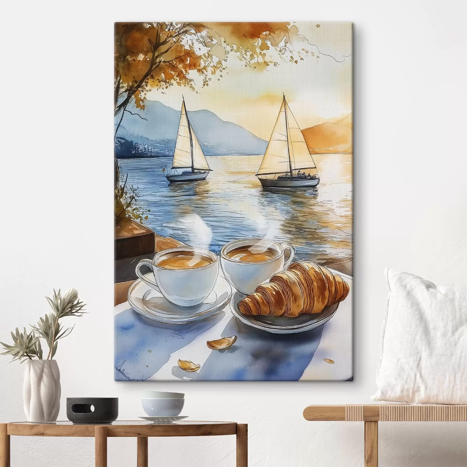  Schilderijen Zonsondergang op het meer, zeilboten, kopjes koffie, aquarelstijl s42442