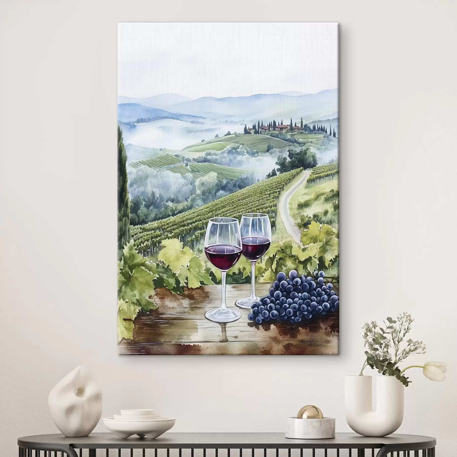  Schilderijen Toscane landschap, wijngaarden, wijnglazen, aquarel stijl s42445